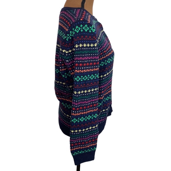 Talbots navy wool blend fair isle colorful sweater cardigan with sequins size L - Picture 4 of 13